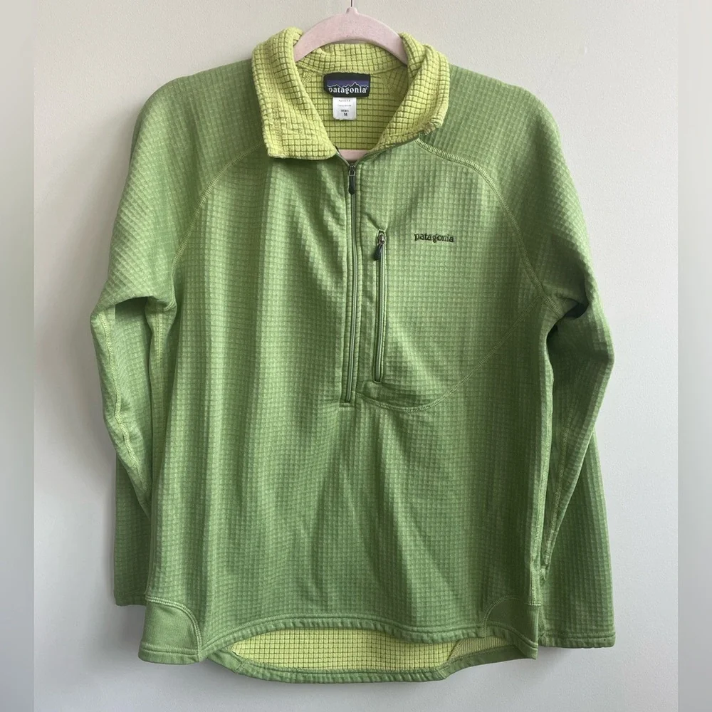 Patagonia Men’s R1 Pullover Half Zip Lime Green Grid Fleece Lined Jacket - Picture 1 of 8
